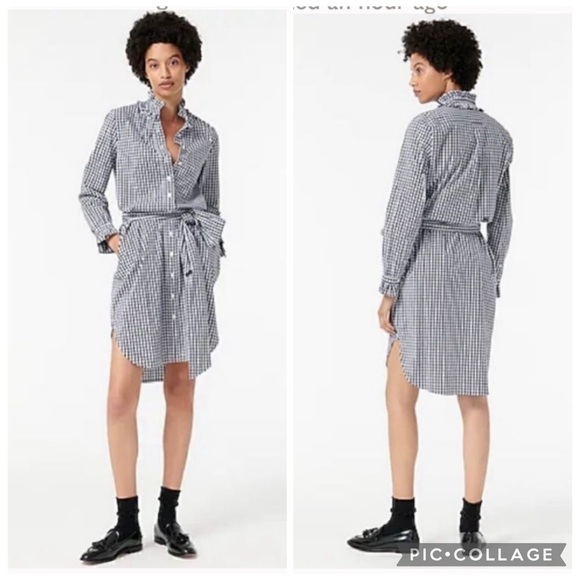 J. Crew Blue Black and White Gingham Ruffle Collar Shirtdress approx size 8 - Picture 1 of 14